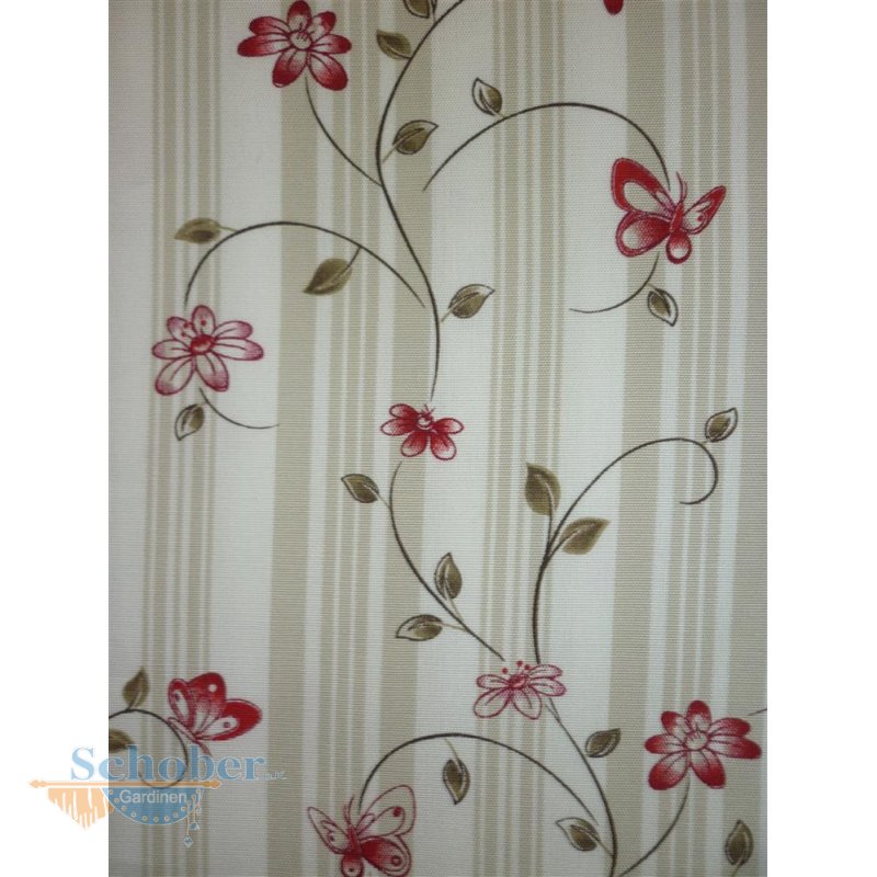 Deko Stoff Gardine Landhaus Vorhang Blumen Streifen natur beige rot blickdicht Meterware_b3