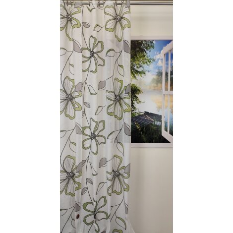 Deko Stoff Gardine Vorhang Blumen Blätter grau grün weiß...