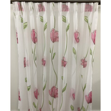 Stores (2 St&uuml;ck) Gardine Vorhang Blumen wei&szlig; gr&uuml;n pink transparent, H=2,61 m