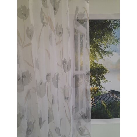 Stores Gardine Stoff Vorhang Blumen wei&szlig; grau beige transparent, Meterware