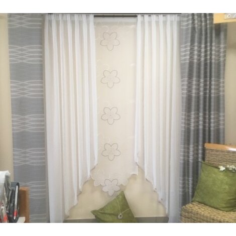 Musterfenster Schal Store Fl&auml;chen Streifen Blumen grau beige wei&szlig; fertig gen&auml;ht