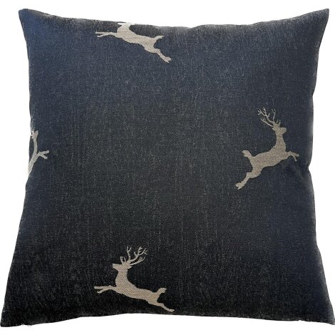 Landhaus Kissenhülle Kissen Bezug springender Hirsch, Hauptfarbe schwarz mit Hirsch braun 40 x 40 cm