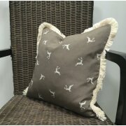 Landhaus Kissenh&uuml;lle Kissen Bezug springender Hirsch Fransen braun beige, St&uuml;ckpreis