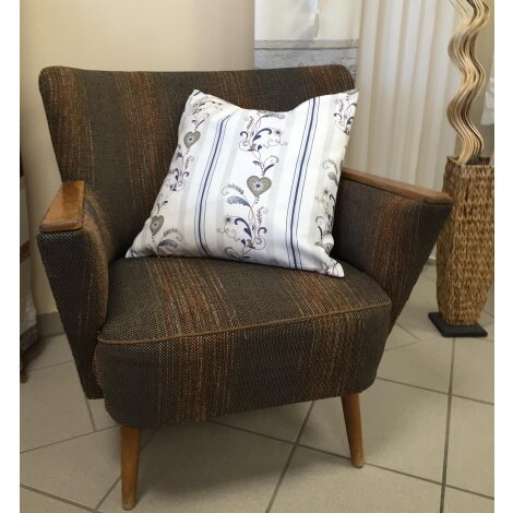 Kissenhülle Herz Ranke Edelweiß Streifen natur beige blau 50 x 50 cm