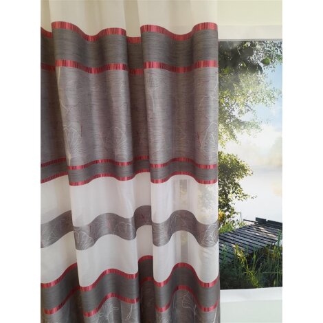 Dekostoff Vorhangstoff Streifen mit Blume grau rot teiltransparent, Reststück 1,15 m