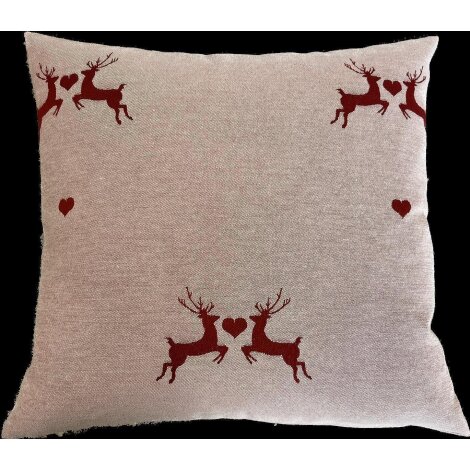 Kissenhülle Kissen Bezug Landhaus Hirsch Herz rot natur, Helle Seite, dunkle Hirschen 50 x 50 cm