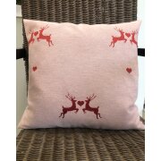 Kissenhülle Kissen Bezug Landhaus Hirsch Herz rot natur, Helle Seite, dunkle Hirschen 50 x 50 cm