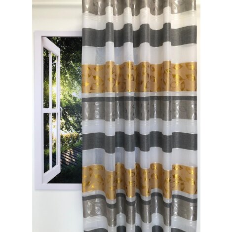 Dekostoff Vorhangstoff Streifen Blätter grau anthrazit gelb teiltransparent, Reststück 5 m