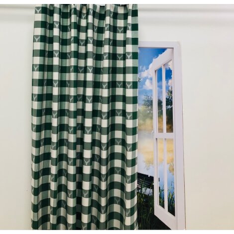 Landhaus Gardine Vorhang Dekoschal Karo mit Hirsch grün natur, fertig genäht