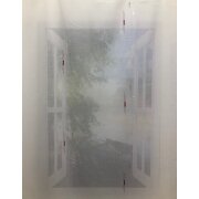 Stores K&auml;seleinen-Optik Gardinenstoff wei&szlig; rot silber transparent, Meterware
