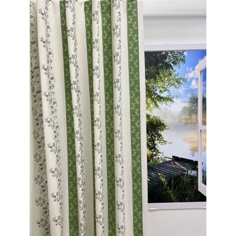 Landhaus Dekostoff Vorhang Streifen Blumenranke natur gr&uuml;n blickdicht, Meterware