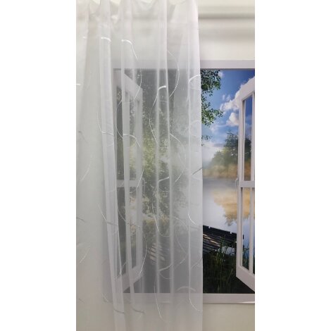 Gardinenstoff Stores bestickt mit Halbkreise Kringel wei&szlig; transparent, Restst&uuml;ck 5 m