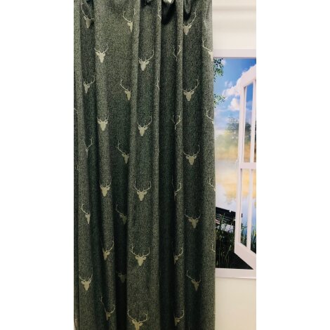 Landhaus Gardine Vorhang Dekoschal Hirschkopf grün beige blickd., fertig genäht