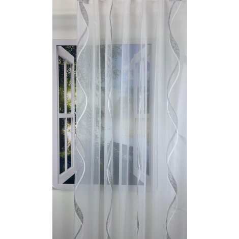 Stores Vorhang Leinenoptik Wellen hellgrau-silber wei&szlig; transparent, Restst&uuml;ck 3,8 m