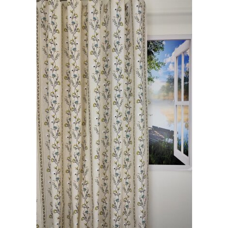 Landhaus Dekostoff Vorhang Blumenranken moosgr&uuml;n hellblau L&auml;ngsstreifen, Meterware