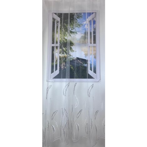 Stores Gardinenstoff Vorhang Gr&auml;ser bestickt wei&szlig; grau transparent, Meterware