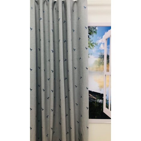 Landhaus Gardine Vorhang Dekoschal springender Hirsch blau beige, fertig genäht