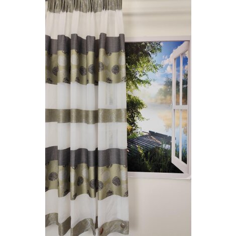 Dekoschal Vorhang Streifen Kreise wei&szlig; gr&uuml;n braun teiltransp., f. H. 1,46
