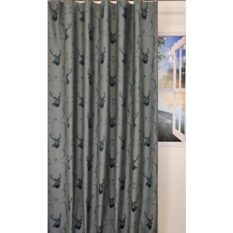 Dekostoff Gardine Vorhang Landhaus Jacquard Hirsch blau beige blickdicht, Meterware
