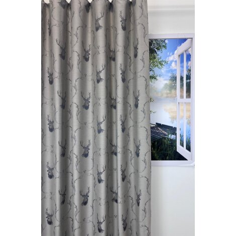 Landhaus Gardine Vorhang Dekoschal Hirsch Ornament beige grau braun, fertig genäht