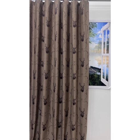 Landhaus Gardine Vorhang Dekoschal Hirsch Ornament braun dunkelbraun, fertig genäht