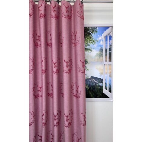 Landhaus Gardine Vorhang Dekoschal Hirsch Ornament rose rot, fertig genäht