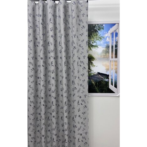 Landhaus Dekostoff Vorhang Natur-Optik Blumen Schmetterling hellgrau anthrazit, fertig genäht