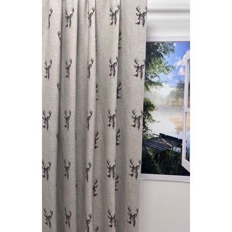 Landhaus Dekostoff Vorhang grau beige Hirschkopf braun blickdicht, fertig genäht