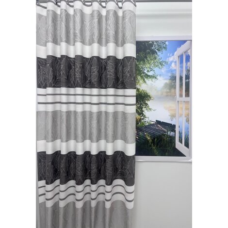 Vorhang Dekoschal Querstreifen Blätter braun grau creme teiltransp., fertig genäht