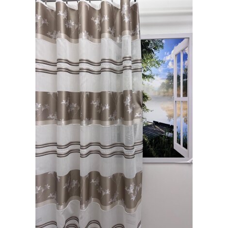 Vorhang Dekoschal Querstreifen Blumen hellbraun creme weiß teiltransparent, fertig genäht