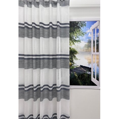 Vorhang Dekoschal Querstreifen graublau weiß teiltransparent, fertig genäht