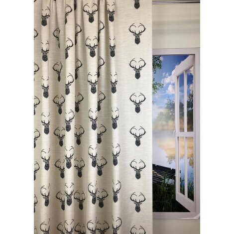Landhaus Dekostoff Vorhang natur Hirschkopf anthrazit blickdicht, fertig genäht