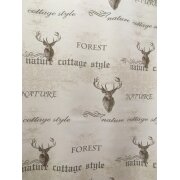 Landhaus Deko Stoff Vorhang Hirsch braun Schrift Vintage grau blickdicht, Reststück 1,15 m+1,60 m